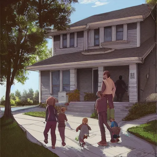 Image similar to a family hovers over the sidewalk in suburban neighborhood, artstation