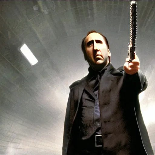 Image similar to Nicolas Cage playing Neo in The Matrix, film still, photo