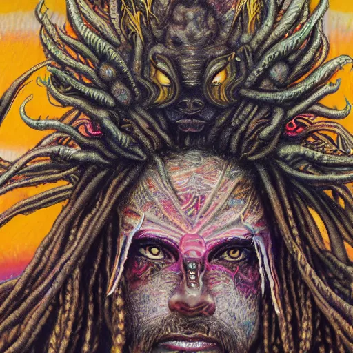 Prompt: a hyper-detailed painting with high details and textures of a psychedelic demon with dreadlocks horns and several eyes, he is in a meditation position and has an open third eye and mystical spiritual powers