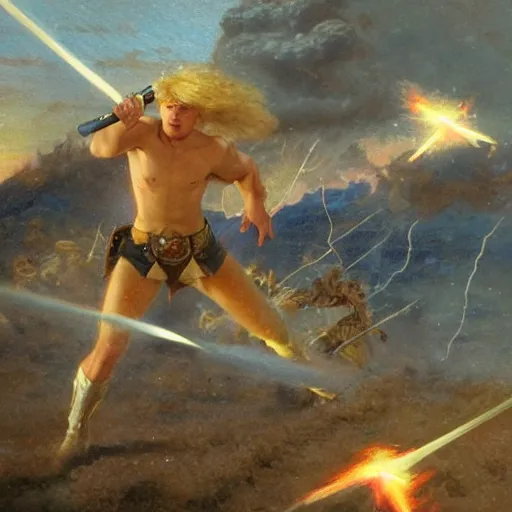 Prompt: a man with blonde hair shooting lightning bolts at his enemy in battle. detailed matte painting. masterpiece. 4 k. fantasy art. by gaston bussiere. derek zabrocki. ralph mcquarrie.