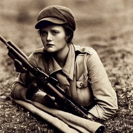 Image similar to Lyudmila Pavlichenko, young female Soviet sniper, photography by Annie Leibovitz