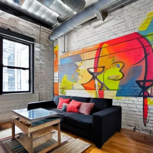 Image similar to trendy downtown loft with modern murals on the wall, modern art and patterns, interior design, beautiful architecture