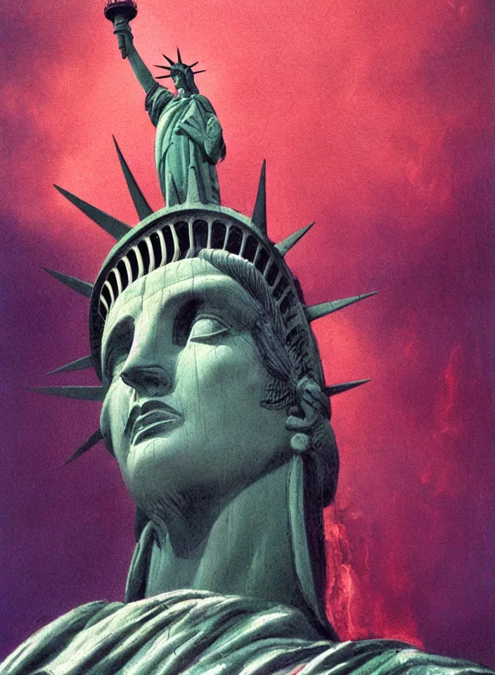 Image similar to beautiful closeup portrait of the statue of liberty in a burning blindfold, red and purple palette, volume light, fog, by ( h. r. giger ) and paul lehr