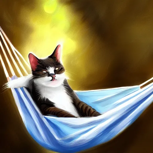 Image similar to a cat sleeping in a hammock, digital painting, ultradetailed, artstation, oil painting, ultradetailed, artstation