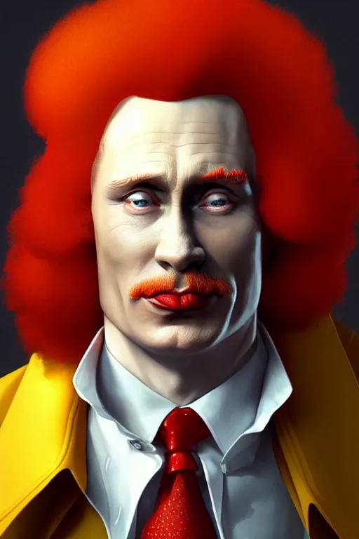 Image similar to vladimir putin as ronald mcdonald, 2 d portrait, symmetrical, highly detailed, digital painting, artstation, concept art, smooth, sharp focus, illustration, cinematic lighting, art by artgerm and greg rutkowski and alphonse mucha