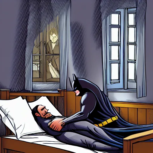 Image similar to man sleeping in bed with batman lurking menacingly in the window. artstation