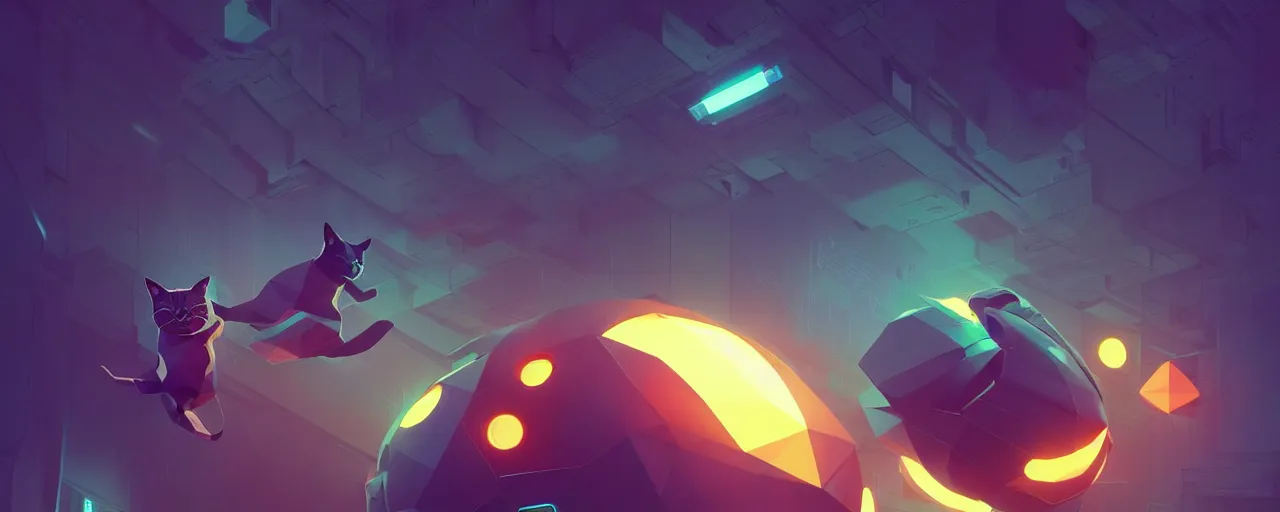 Image similar to duotone noir scifi concept illustration of lowpoly cats floating zero gravity glowing 3 d mesh portals futuristic, glowing eyes, octane render, surreal atmosphere, volumetric lighting. golden ratio by sachin teng and sergey kolesov and ruan jia and heng z. graffiti art, scifi, fantasy, hyper detailed. trending on artstation