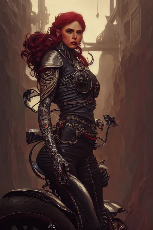 Prompt: painting of elf biker badass, perfect face, ultra realistic, concept art, intricate details, eerie, highly detailed, photorealistic, octane render, 8 k, unreal engine. art by artgerm and greg rutkowski and magali villeneuve and alphonse mucha