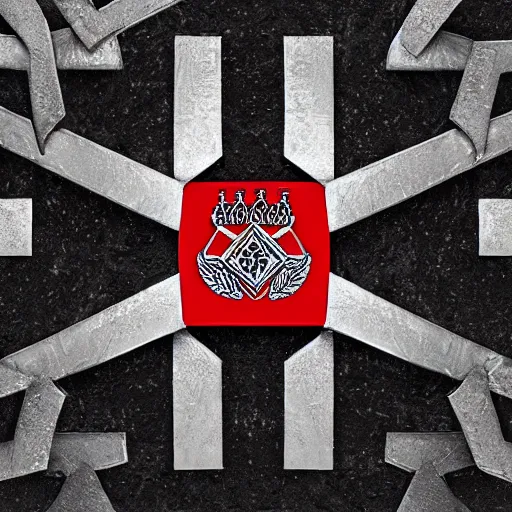 Image similar to a dark desaturated photograph of a military insignia with three interlocking diamonds, red central geometric shape, glossy black liquid latex, asphalt and metal, intricate black metal logo, designed by helmut lang and junya watanabe, asymmetrical cinematic composition, 8k hyperrealistic, hyper-detailed, 10mm camera, highly textured, dark volumetric lighting, fine details, muted, octane render — h 768