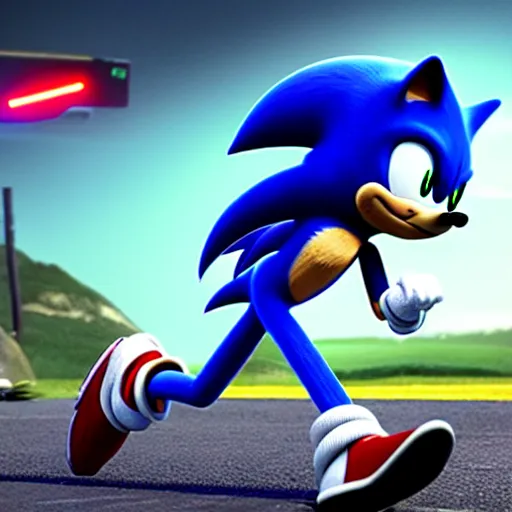 Prompt: sonic the hedgehog as a sloth running at warpspeed, weta hyperrealism cinematic lighting and compositon