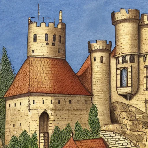 Image similar to wimmelbilder drawing of a medieval castle, highly detailed, high quality, high resolution