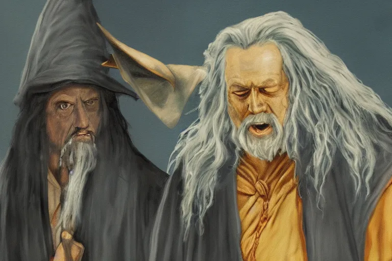 Prompt: gandalf and frodo painted in the style of francis bacon, expressionist, 4 k, realistic