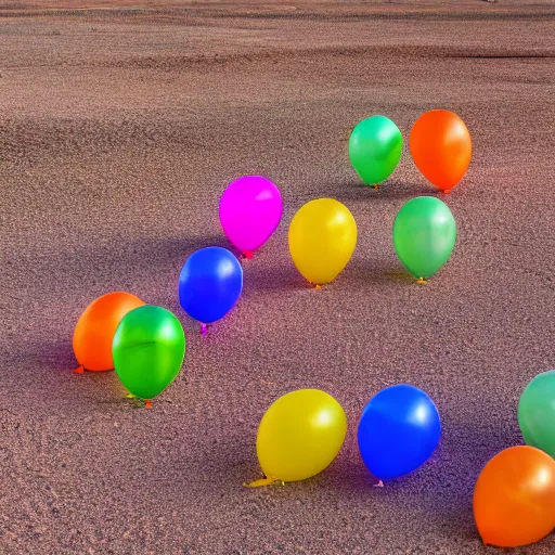 Prompt: floating rainbow colored party balloons in the desert, photography, high resolution 8 k, 3 5 mm lens,