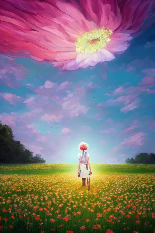 Image similar to giant white flower head, girl walking in a flower field, surreal photography, sunrise, dramatic light, impressionist painting, colorful clouds, digital painting, artstation, simon stalenhag