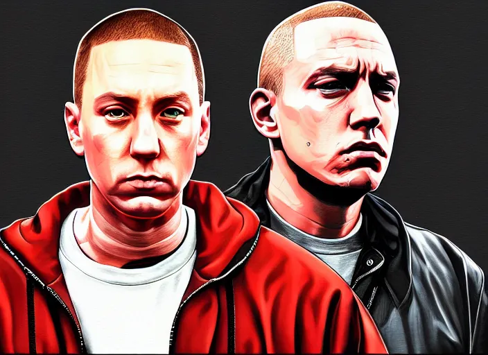 Image similar to eminem in gta v covert art painted by stephen bliss, centered, uncropped, full body, symmetrical face, crispy, trending on artstation, deviantart