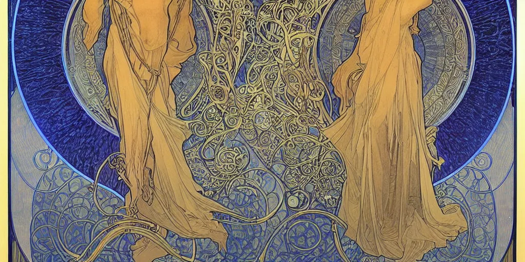 Prompt: the longest night, cloaked dark night with moon and candle and tattoos, by alphonse mucha and alex grey, handsome face, ultramarine blue and gold, intricate stained glass