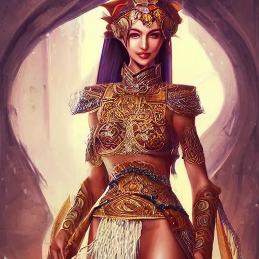 Image similar to a full body beautiful woman rym amari wearing a chedda from tlemcen by karol bak, ayami kojima, artgerm, sakimichan, arabian beauty, blue eyes, smile, concept art, fantasy