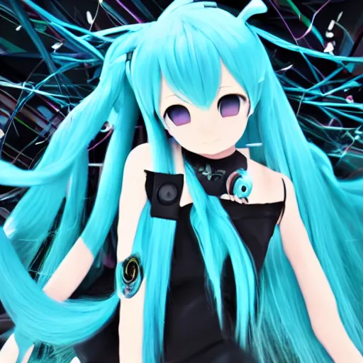 Image similar to hatsune miku in the liminal space, backrooms, high quality photo