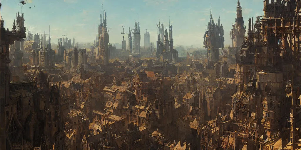 Prompt: medieval city standing on a giant cog gear mechanism buildings vista artstation illustration sharp focus sunlit vista painted by ruan jia raymond swanland lawrence alma tadema zdzislaw beksinski norman rockwell tom lovell alex malveda greg staples