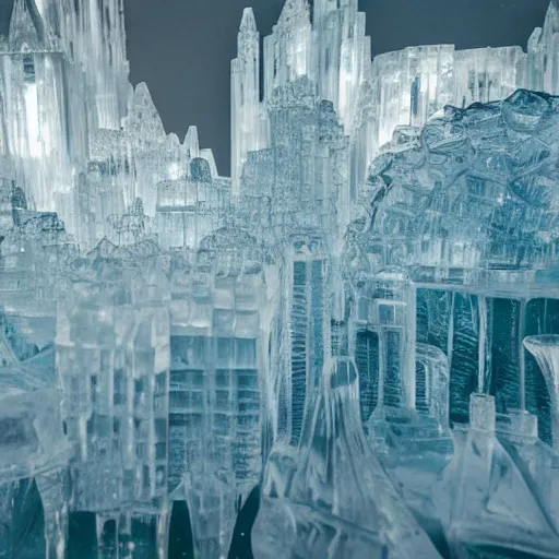 Prompt: a cityscape made entirely of ice, crystal clear ice city sculpture, first person pov, realistic fantasy photography, mystical