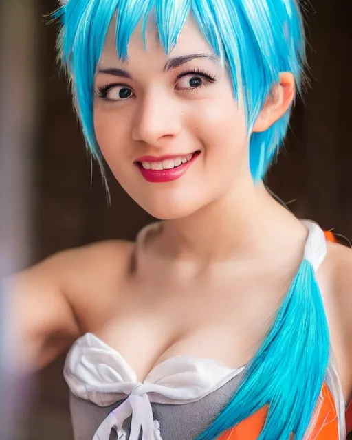 Image similar to Beautiful close highly detailed portrait of a Bulma from DBZ cosplayer in her iconic signature main outfit. Award-winning photography. XF IQ4, 150MP, 50mm, f/1.4, ISO 200, 1/160s, natural light, rule of thirds, symmetrical balance, depth layering, polarizing filter, Sense of Depth, AI enhanced