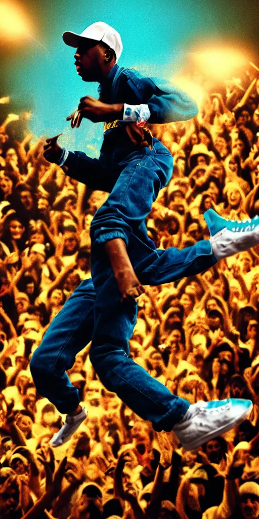 Image similar to cinematic shot epic portrait tyler the creator kicking his fans on stage, hyper realistic, mood lighting, fantasy, detailed face, highly detailed, super realistic, perfect lighting pixel sorting