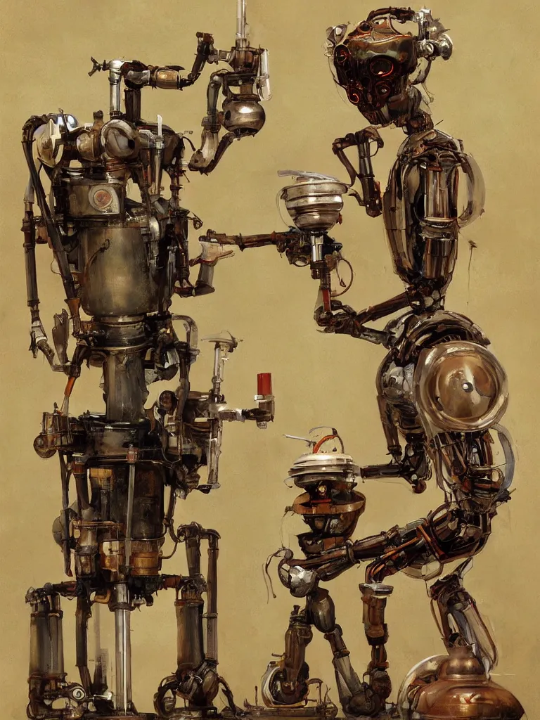 Image similar to full-length portrait of a singular old mechanical humanoid robot offering a cup of steaming coffee, by Esao Andrews, sharp focus, fresh colors, deviantart, conceptart