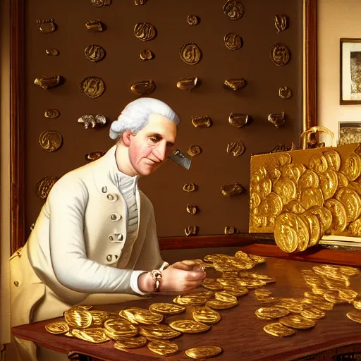 Image similar to a closeup photorealistic photograph of a happy George Washington inspecting small gold Doubloon coins at his home on Cherry Street. This 4K HD image is Trending on Artstation, featured on Behance, well-rendered, extra crisp, features intricate detail and the style of Unreal Engine.