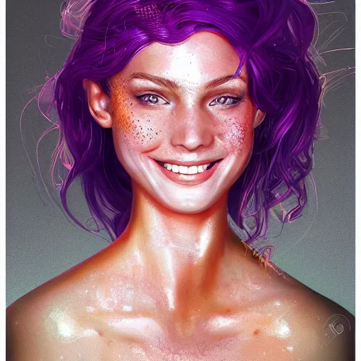 Image similar to close up portrait of a beautiful smiling girl with orange hair and freckles, happy intricate, elegant. highly detailed, digital painting, artstation, concept art, smooth, sharp, focus, illustration. background is purple, art by artgerm and Ross Tran