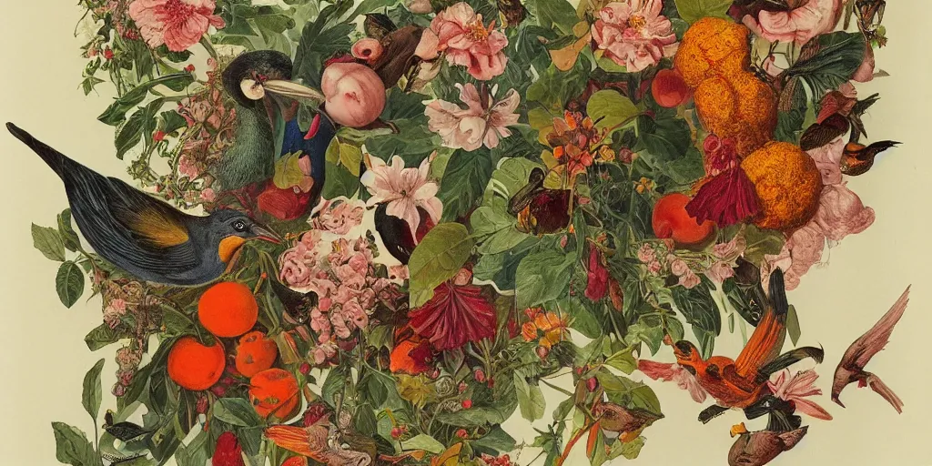 Image similar to vintage illustration, bizarre compositions, blend of flowers, fruits, birds by beto val, john james audubon, exquisite detail