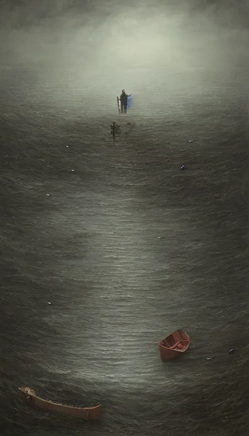 Prompt: man on boat crossing a body of water in hell with creatures in the water, sea of souls, by lee madgwick