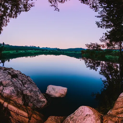 Image similar to cinematic wide shot of a lake with rope floating in the middle, a rocky foreground, sunset, a bundle of rope is in the center of the lake, eerie vibe, leica, 2 4 mm lens, 3 5 mm kodak film, f / 2 2, anamorphic