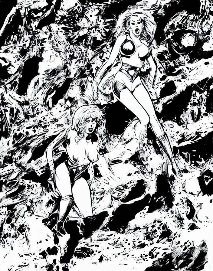 Image similar to comic page, one panel, kylie minogue as barbarella, exploring an alien planet. drawn by pablo marcos. b & w. black and white.