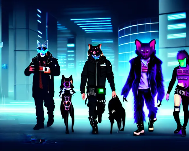 Image similar to high - resolution photograph from a cyberpunk era furry fandom convention ( midwest furfest 2 0 4 7 ), taking place after the genetic revolution and quantum singularity. photorealistic.