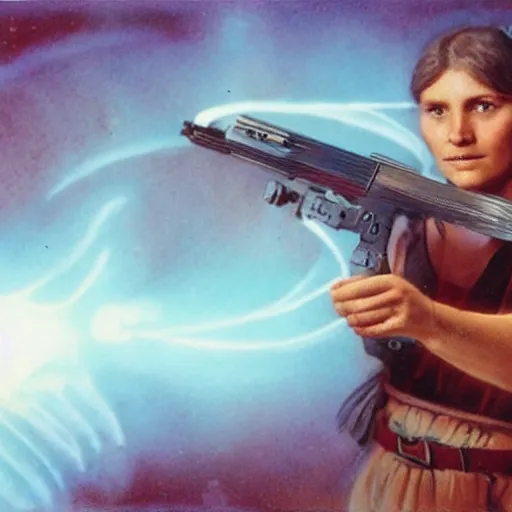 Image similar to photograph of a neolithic person holding a plasma rifle