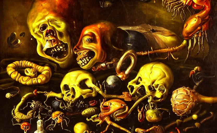 Prompt: disturbing colorful oil painting dutch golden age vanitas still life with bizarre mutant humanoid faces strange objects shiny gooey surfaces shiny metal bizarre insects rachel ruysch dali todd schorr very detailed perfect composition rule of thirds masterpiece canon 5 0 mm, cinematic lighting, chiaroscuro