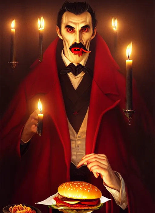 Image similar to portrait of dracula eating a hamburger while reclining, intricate, elegant, glowing candle lights, highly detailed, digital painting, artstation, concept art, smooth, sharp focus, illustration, art by wlop, mars ravelo and greg rutkowski