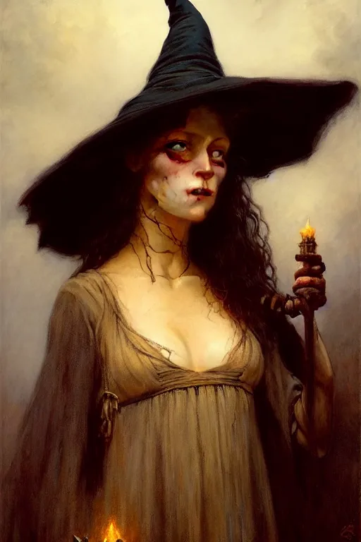 Image similar to a half body portrait of witch wearing witch dress and hat, high detail, cleary see face, by gaston bussiere, bayard wu, greg rutkowski, odd nerdrum, maxim verehin, dan dos santos, masterpiece, sharp focus, cinematic lightning