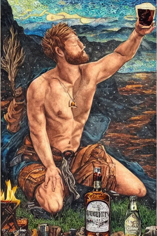 Prompt: a dramatic, epic, ethereal painting of a !!!handsome!!! thicc mischievous shirtless cowboy with a beer belly wearing a large belt and bandana offering a whiskey bottle | he is relaxing by a campfire | background is a late night with food and jugs of whisky | homoerotic | stars, tarot card, art deco, art nouveau, mosaic, intricate | by Mark Maggiori | trending on artstation