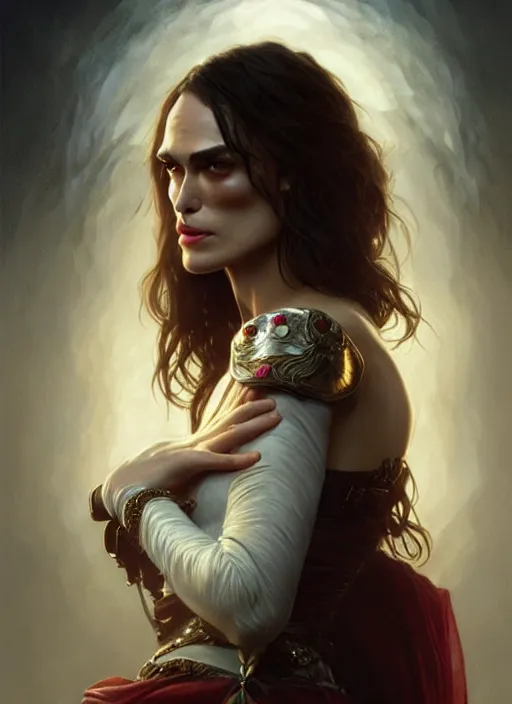 Image similar to portrait of keira knightley as a vampire lord, jewelry, greek, ruby, intricate, headshot, highly detailed, digital painting, artstation, concept art, sharp focus, cinematic lighting, illustration, art by artgerm and greg rutkowski, alphonse mucha, cgsociety