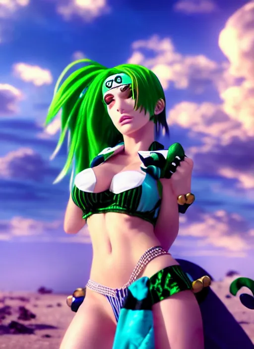 Image similar to cinematic scene with bella thorne as jolyne from jojo's bizarre adventure, stone ocean, dramatic, small details, volumetric lighting, still frame