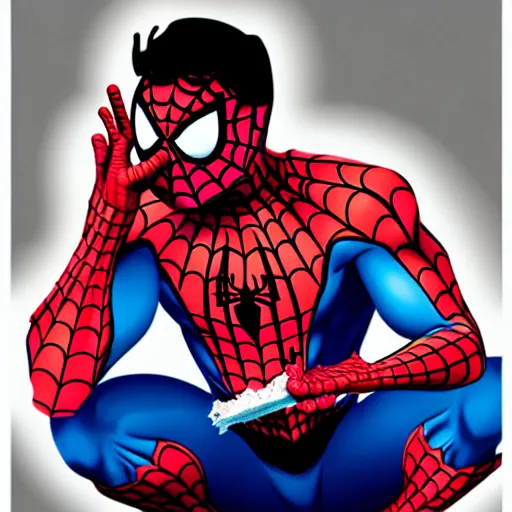 Image similar to spiderman eating greasy food from arby's restaurant, photorealistic, highly detailed,