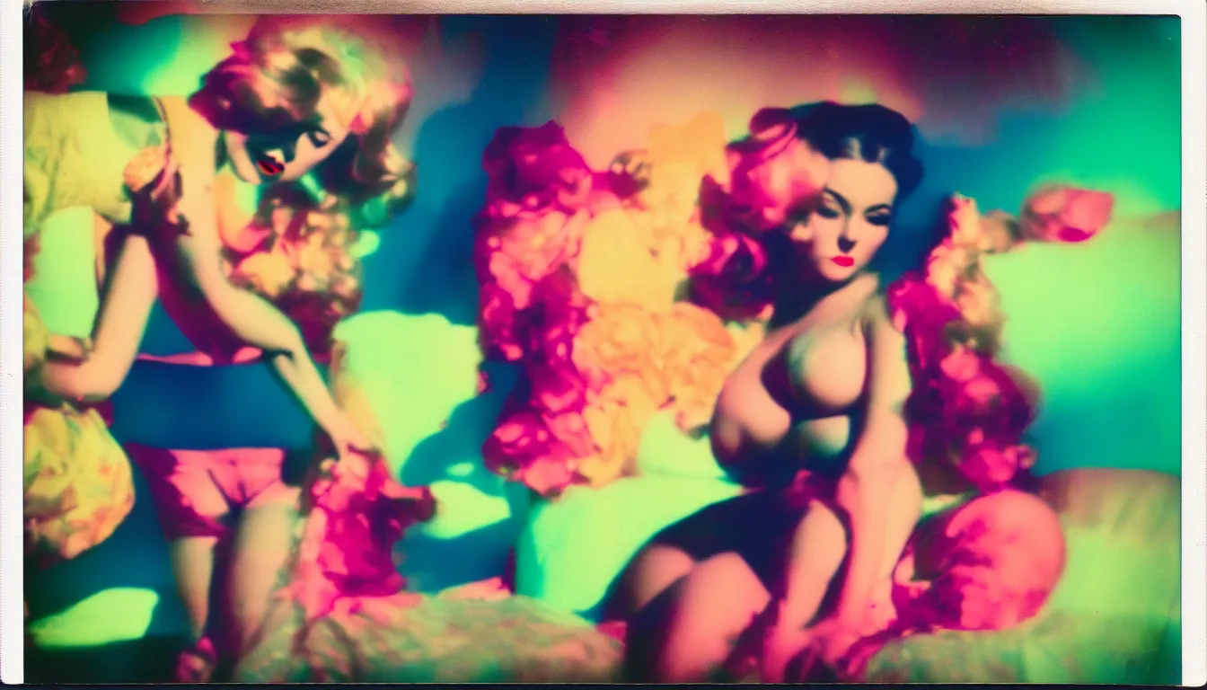 Prompt: colorful instant photograph of a pinup woman, polaroid, light leak, raw, nostalgic