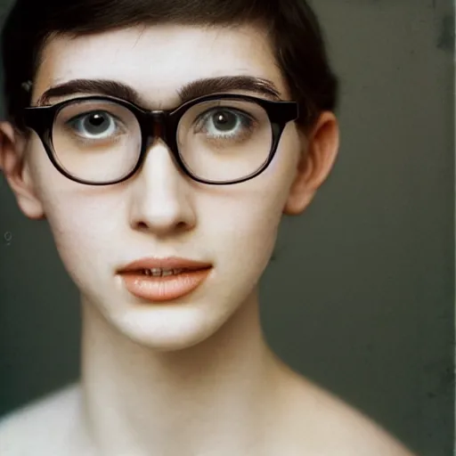 Prompt: a portrait photograph of a nerdy young woman with big glasses, dof, sharp focus, slight smile, highly detailed face, symmetric face, realistic iris, cinestill 8 0 0 t, photography by paolo roversi