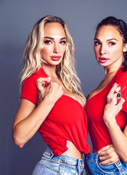 Image similar to portrait of lindsey pelas and gal gadot wearing red shirt and jean shorts, by charlotte grimm, natural light, detailed face, beautiful features, symmetrical, canon eos c 3 0 0, ƒ 1. 8, 3 5 mm, 8 k, medium - format print, half body shot