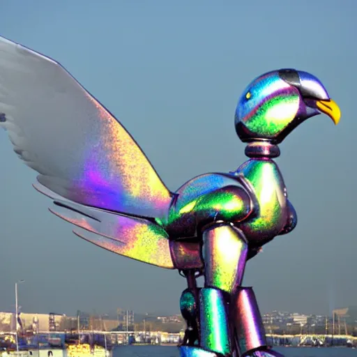 Image similar to giant iridescent robot seagull