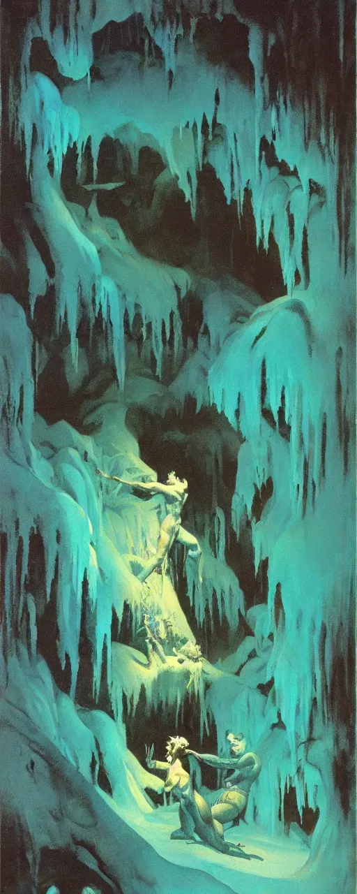 Prompt: frazetta painting of mystic teal ice cave of horror , nighttime ,daytime , backlight , detailed visible brushmarks