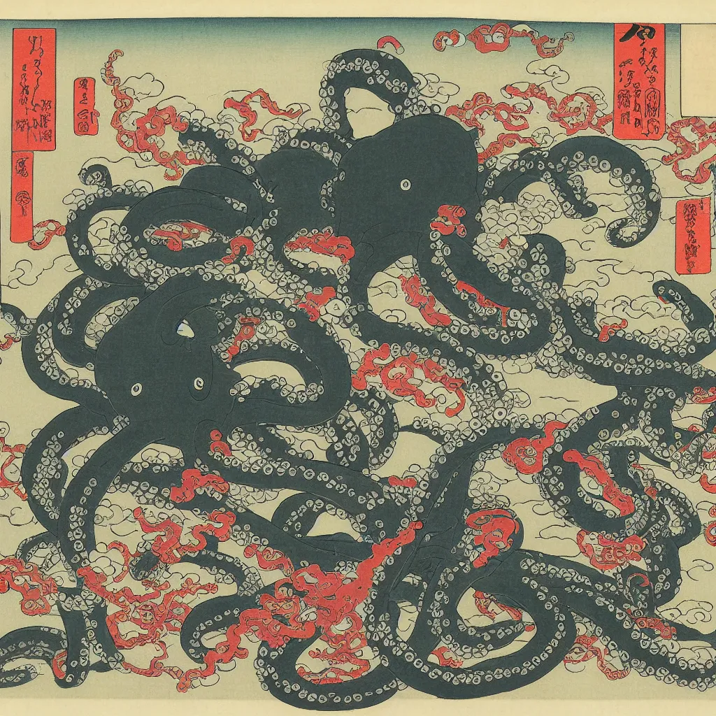 Image similar to Robot!!!! fighting octopus in front of Mt Fuji, cherry blossoms, Ukiyo-e by Utagawa Kuniyoshi