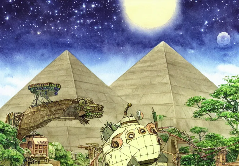 Image similar to a hyperrealist watercolor concept art from a studio ghibli film showing a giant beige mechanized crocodile from howl's moving castle ( 2 0 0 4 ). a pyramid is under construction in the background, in the rainforest on a misty and starry night. by studio ghibli