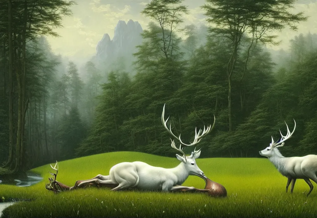 Image similar to hyper detailed 3d render like a Oil painting - white stag drinking from a silvery pool in a peaceful lush meadow, by Jacek Yerka, Mariusz Lewandowski, Houdini algorithmic generative render, Abstract brush strokes, Masterpiece, Edward Hopper and James Gilleard, Zdzislaw Beksinski, Mark Ryden, Wolfgang Lettl, hints of Yayoi Kasuma, octane render, 8k